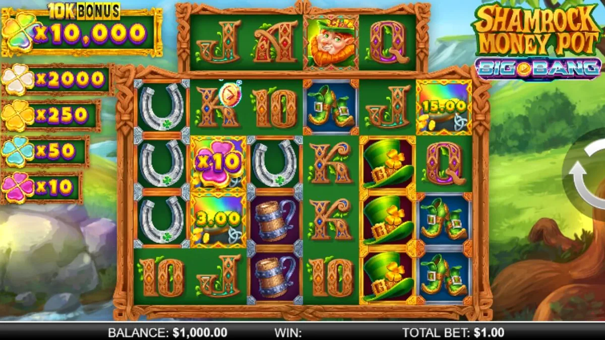 Shamrock Money Pot Big Bang স্লটের রঙিন এবং জাদুকরী আইরিশ থিমযুক্ত ইন্টারফেস